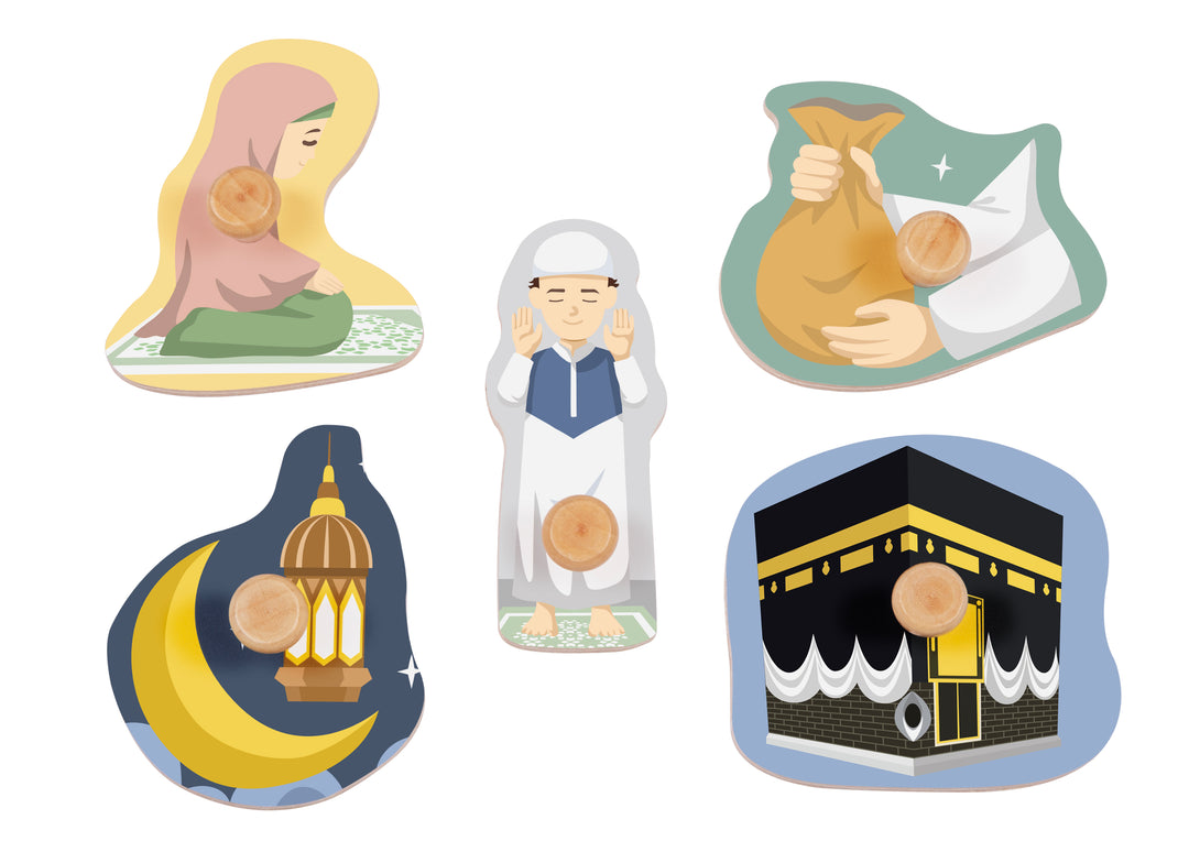 Lil Crescent Five Pillars of Islam puzzle pieces showing Shahada, Salah, Zakat, Sawm and Hajj with illustrated Islamic artwork — wooden Muslim toy
