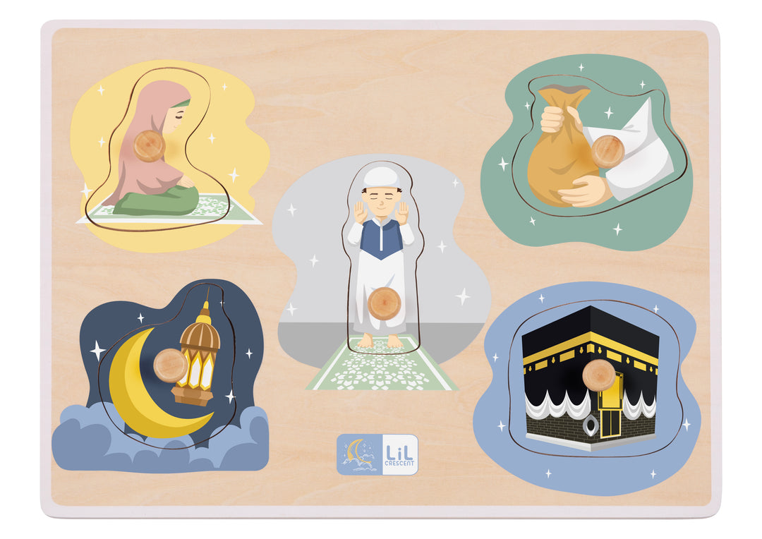 Top view of Lil Crescent Five Pillars of Islam puzzle fully assembled — wooden Islamic toy with picture-matching illustrations underneath each knob piece