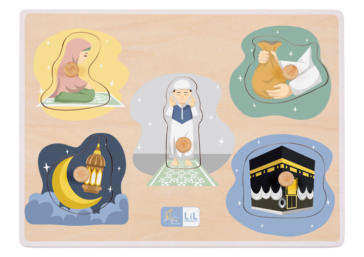 Top view of Lil Crescent Five Pillars of Islam puzzle fully assembled — wooden Islamic toy with picture-matching illustrations underneath each knob piece