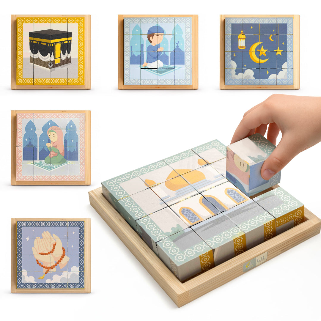 Lil Crescent 6-in-1 Muslim Cube Puzzle — 16-piece wooden cube set showing all six Islamic scenes on tray, hand placing a cube block, ages 3 to 6