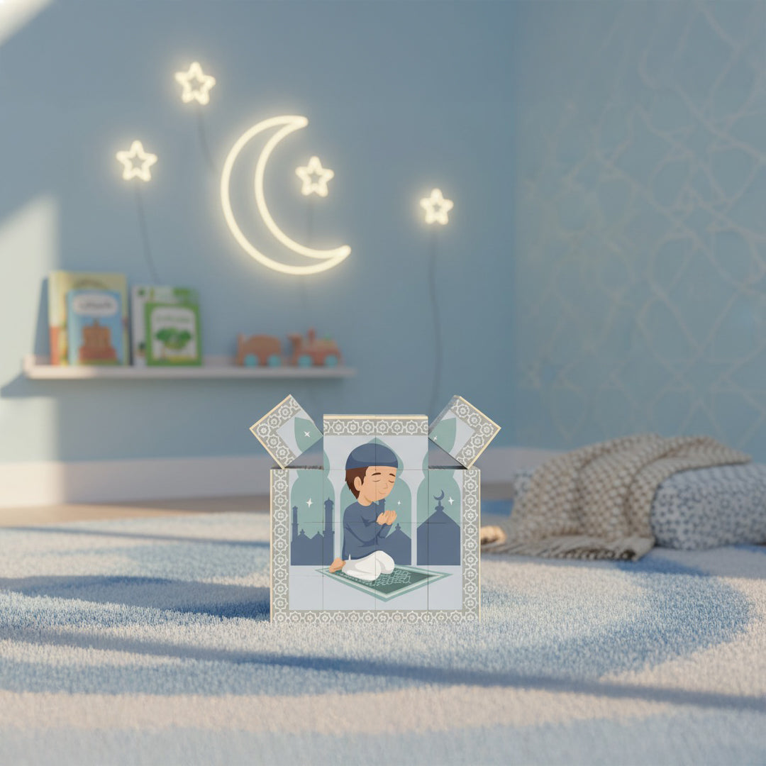 Child's hands placing wooden cube blocks into the Lil Crescent 6-in-1 Muslim Cube Puzzle tray — hands-on Islamic learning toy for Muslim toddlers and children