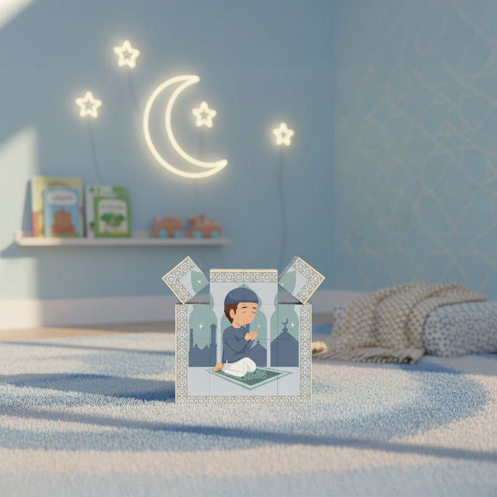 Child's hands placing wooden cube blocks into the Lil Crescent 6-in-1 Muslim Cube Puzzle tray — hands-on Islamic learning toy for Muslim toddlers and children