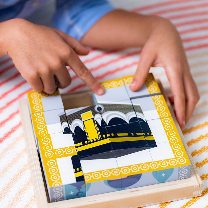 Lil Crescent 6-in-1 Muslim Cube Puzzle Kaaba and Hajj scene fully assembled — 16-piece wooden Islamic toy for Muslim children ages 3 to 6