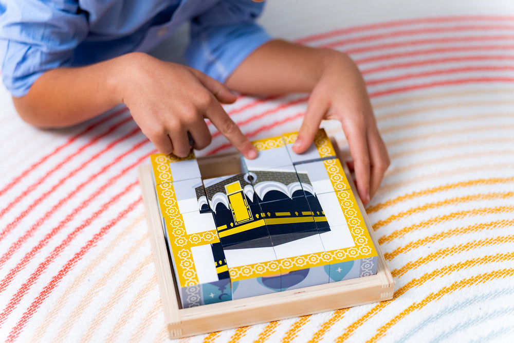 Lil Crescent 6-in-1 Muslim Cube Puzzle supporting Montessori-style analytical thinking and problem solving — Islamic educational wooden toy ages 3 to 6