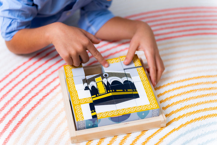 Lil Crescent 6-in-1 Muslim Cube Puzzle supporting Montessori-style analytical thinking and problem solving — Islamic educational wooden toy ages 3 to 6