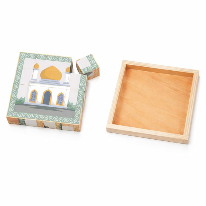 Lil Crescent 6-in-1 Muslim Cube Puzzle mosque and masjid scene assembled — FSC-certified wooden Islamic toy with non-toxic paint, ASTM and EN71 certified