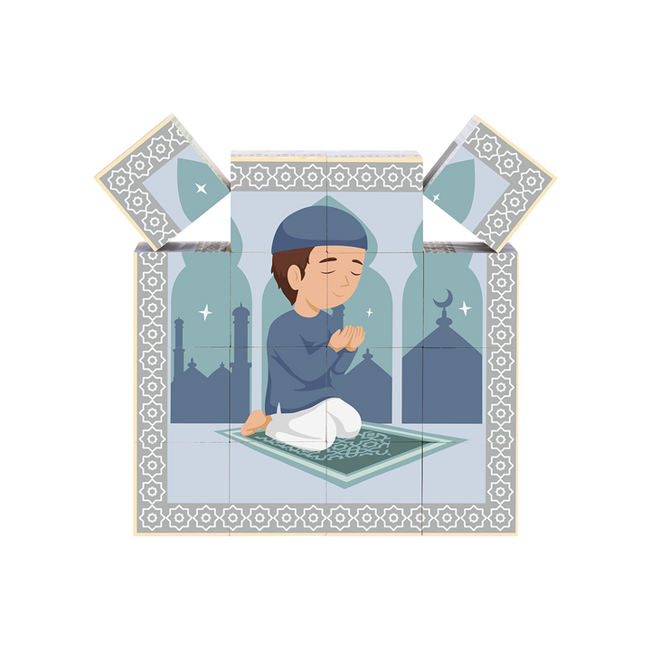 Lil Crescent 6-in-1 Muslim Cube Puzzle praying boy Salah scene fully assembled — wooden Islamic educational toy promoting prayer identity in Muslim children