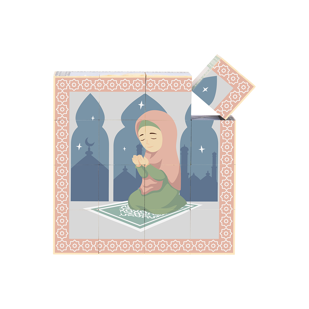 Lil Crescent 6-in-1 Muslim Cube Puzzle praying girl Salah scene assembled — wooden Islamic toy teaching prayer and worship to Muslim children ages 3 plus