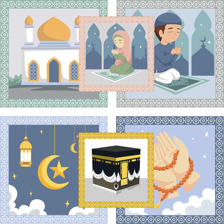 Flat lay of all six Islamic scenes in the Lil Crescent 6-in-1 Muslim Cube Puzzle — Kaaba, praying boy, praying girl, mosque, Ramadan lantern and duaa hands