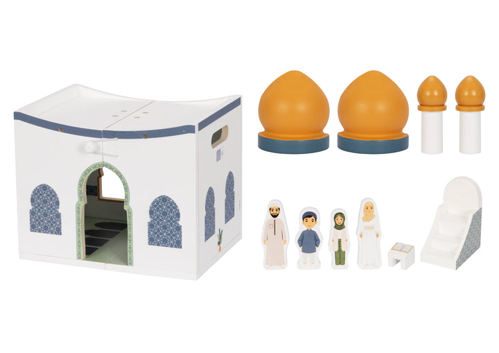 Lil Crescent Mosque Playhouse with accessories including minbar pulpit, rihal Quran stand, minarets and gold dome — wooden Islamic toy