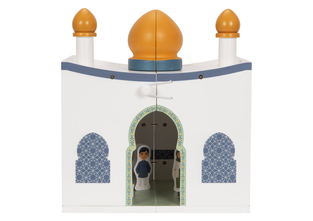 Close-up of the Lil Crescent Mosque Playhouse entrance arch with hand-painted blue geometric Islamic tile pattern — non-toxic paint