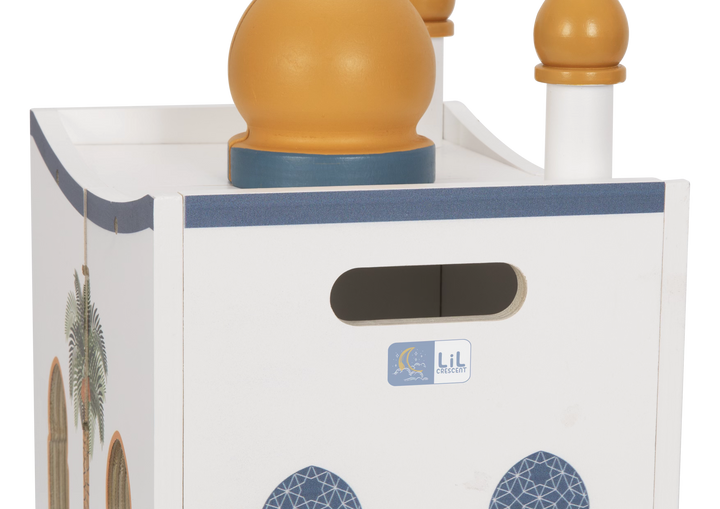 Lil Crescent Mosque Playhouse folded into compact box form for easy storage — Islamic educational wooden toy for Muslim children ages 3 to 7
