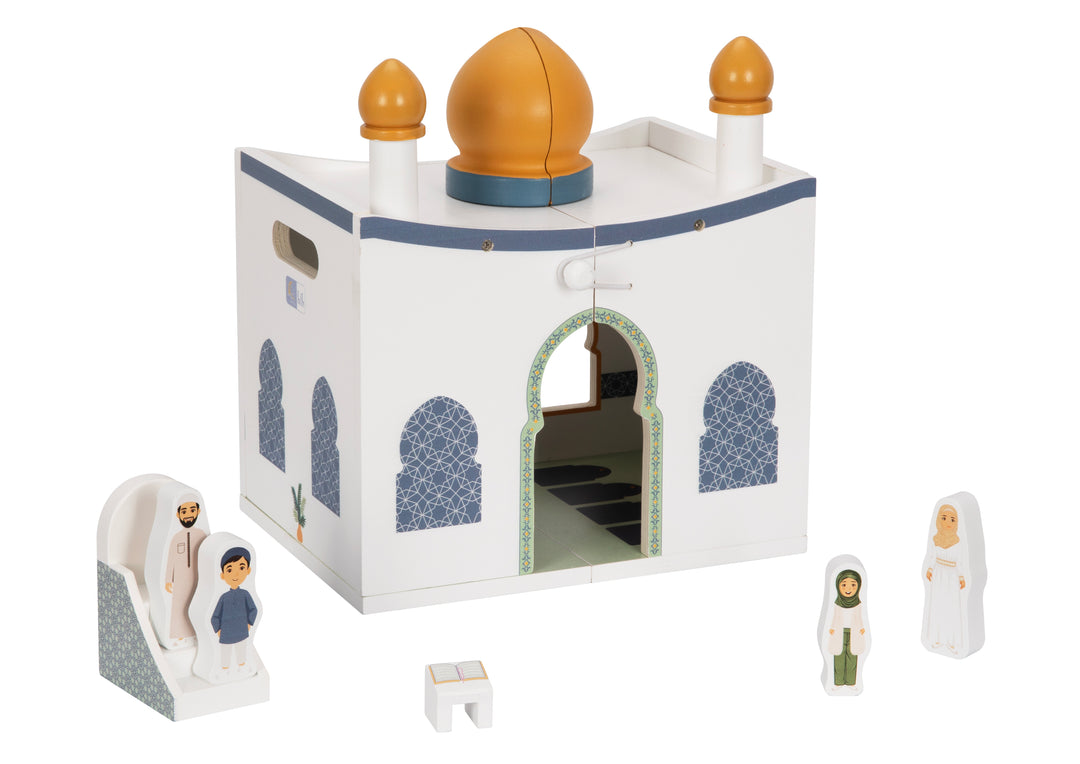 Lil Crescent Mosque Playhouse Islamic role play set with four wooden Muslim character figures for children ages 3 and up