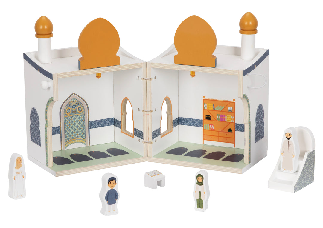 Lil Crescent Mosque Playhouse open to reveal detailed interior prayer hall artwork — wooden Islamic educational toy for Muslim children