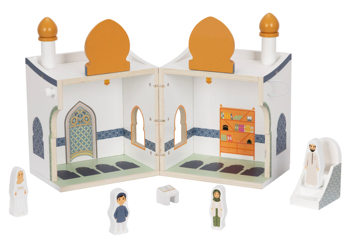 Lil Crescent Mosque Playhouse open to reveal detailed interior prayer hall artwork — wooden Islamic educational toy for Muslim children