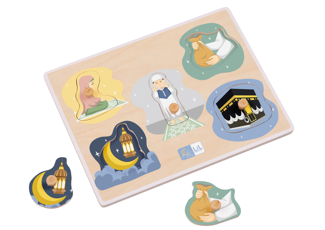 Close-up of Lil Crescent Five Pillars Puzzle chunky wooden knob pieces — easy-grip Islamic puzzle pieces safe for babies and toddlers from age 1